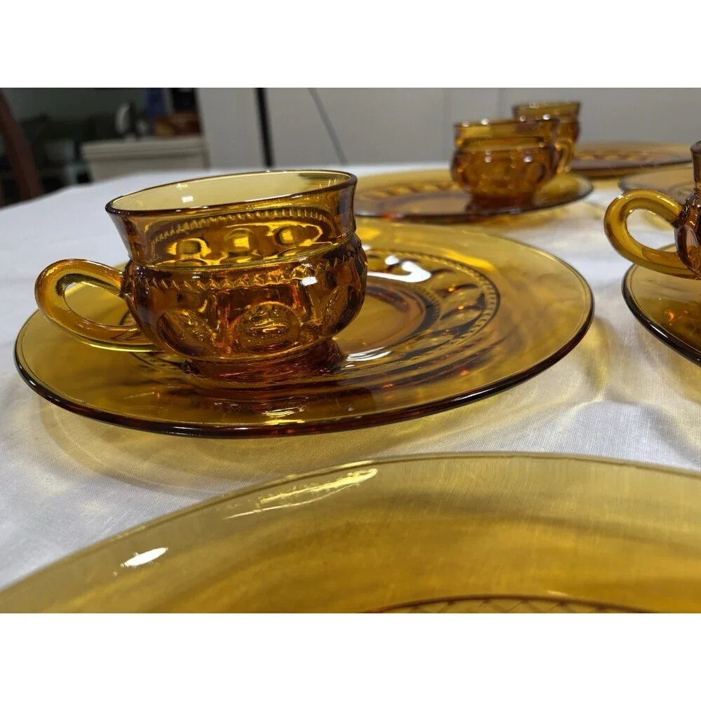 Vintage Indiana Glass Kings Crown Thumbprint Amber Snack Set 6 Plates 6Cups